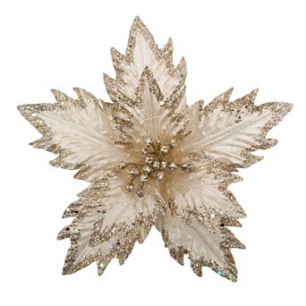 10" Off-White Velvet Poinsettia Flower with Gold Trim Elegant Christmas Decoration