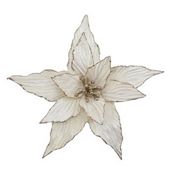 10" White Velvet Poinsettia Flower with Gold Trim Elegant Christmas Decoration