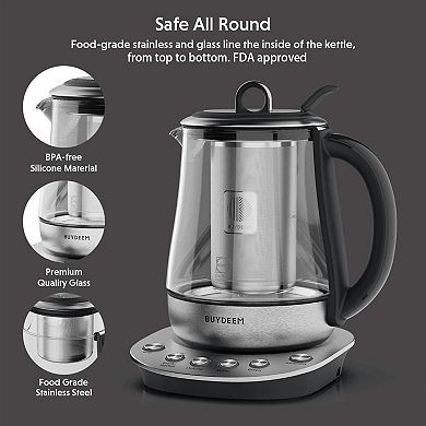 BUYDEEM K2423 Tea Maker, 1.2L, 316 Stainless Steel, Schott Glass, Removable Infuser, Auto Keep Warm