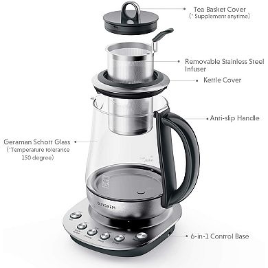 BUYDEEM K2423 Tea Maker, 1.2L, 316 Stainless Steel, Schott Glass, Removable Infuser, Auto Keep Warm