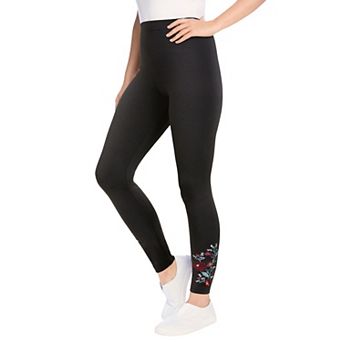 Woman Within Plus Size Petite Stretch-Cotton Knit Pull-On Embroidered Leggings