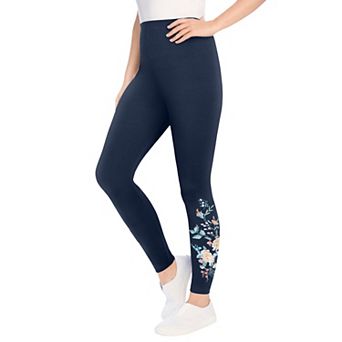 Woman Within Plus Size Petite Stretch-Cotton Knit Pull-On Embroidered Leggings