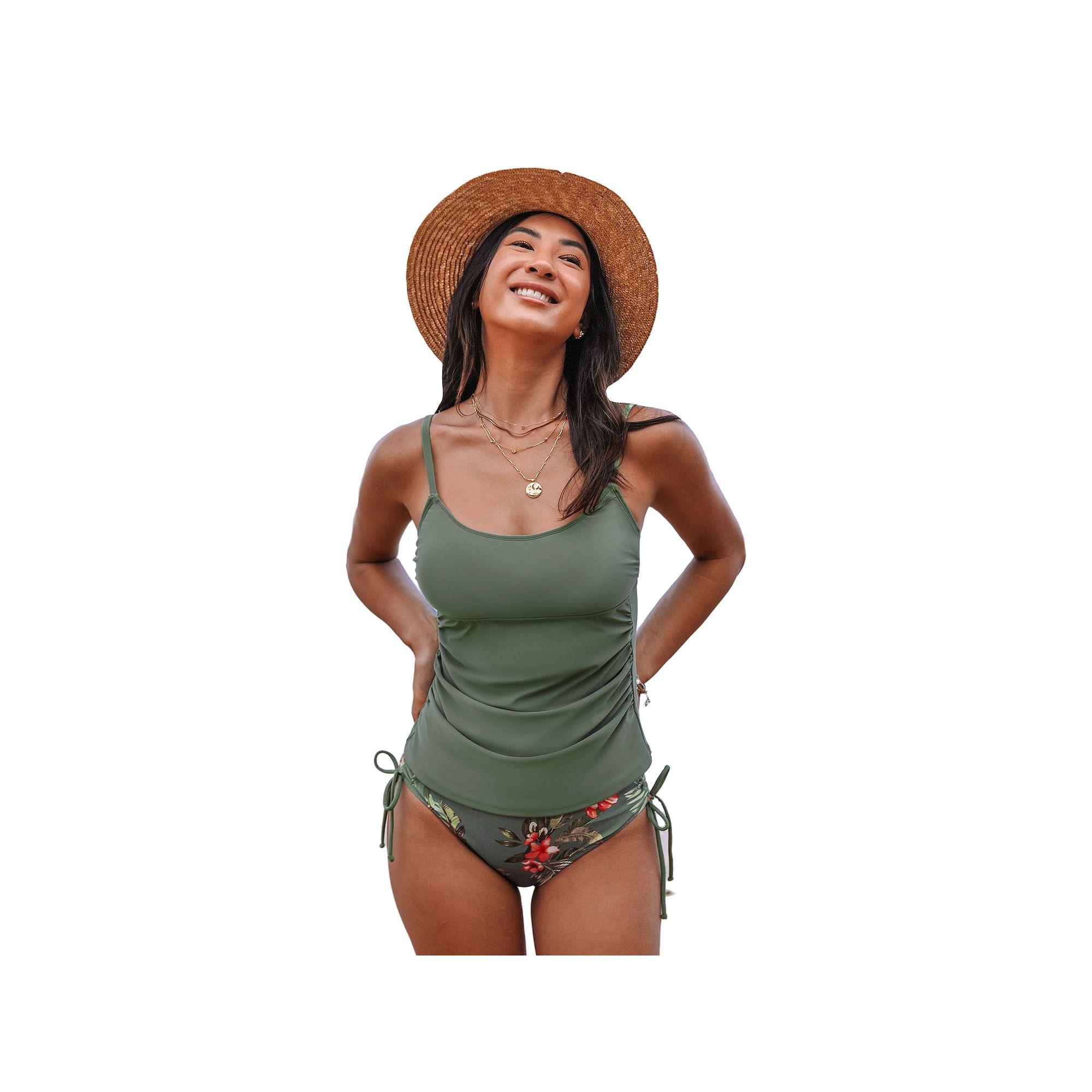 Womens Cupshe 2-Piece Ruched Tie Tankini Swim Top & Bikini Swim Bottoms Se
