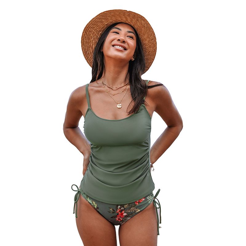 Women's Cupshe 2-Piece Ruched Tie Tankini Swim Top & Bikini Swim Bottoms Set, Size: Medium, Green
