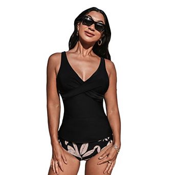 Women's Cupshe 2 pc Black Wrapped Tankini Swim Top & Tropical Mid-Rise Swim Bottoms Set
