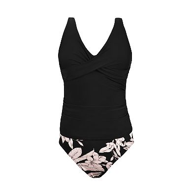 Women's Cupshe 2-Piece Black Wrapped Tankini Swim Top & Tropical Mid-Rise Swim Bottoms Set