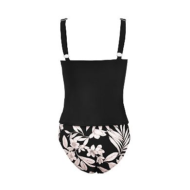 Women's Cupshe 2-Piece Black Wrapped Tankini Swim Top & Tropical Mid-Rise Swim Bottoms Set