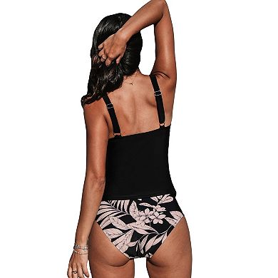 Women's Cupshe 2-Piece Black Wrapped Tankini Swim Top & Tropical Mid-Rise Swim Bottoms Set