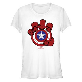 Juniors' Marvel Captain America Brave New World Red Hand And Shield Fitted Graphic Tee