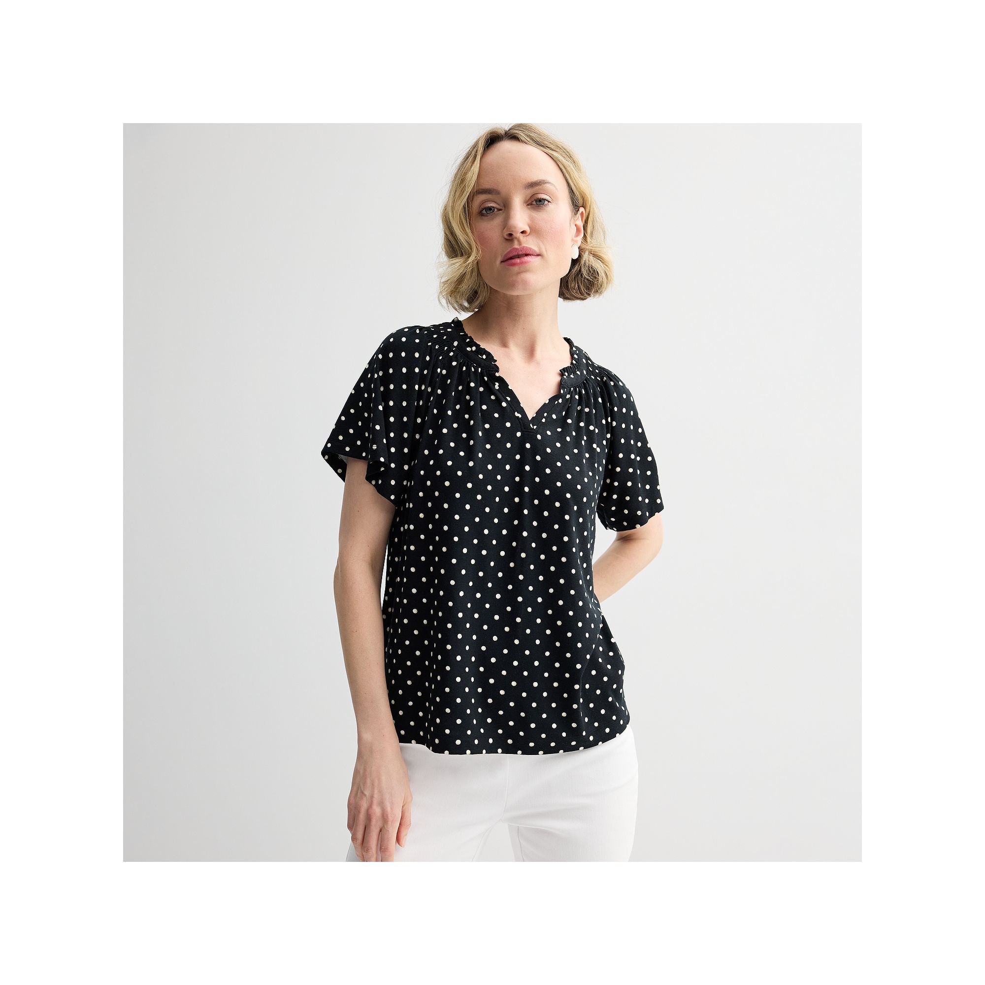 Womens Croft & Barrow® Smocked Raglan Top, Size: XS, Black Dot