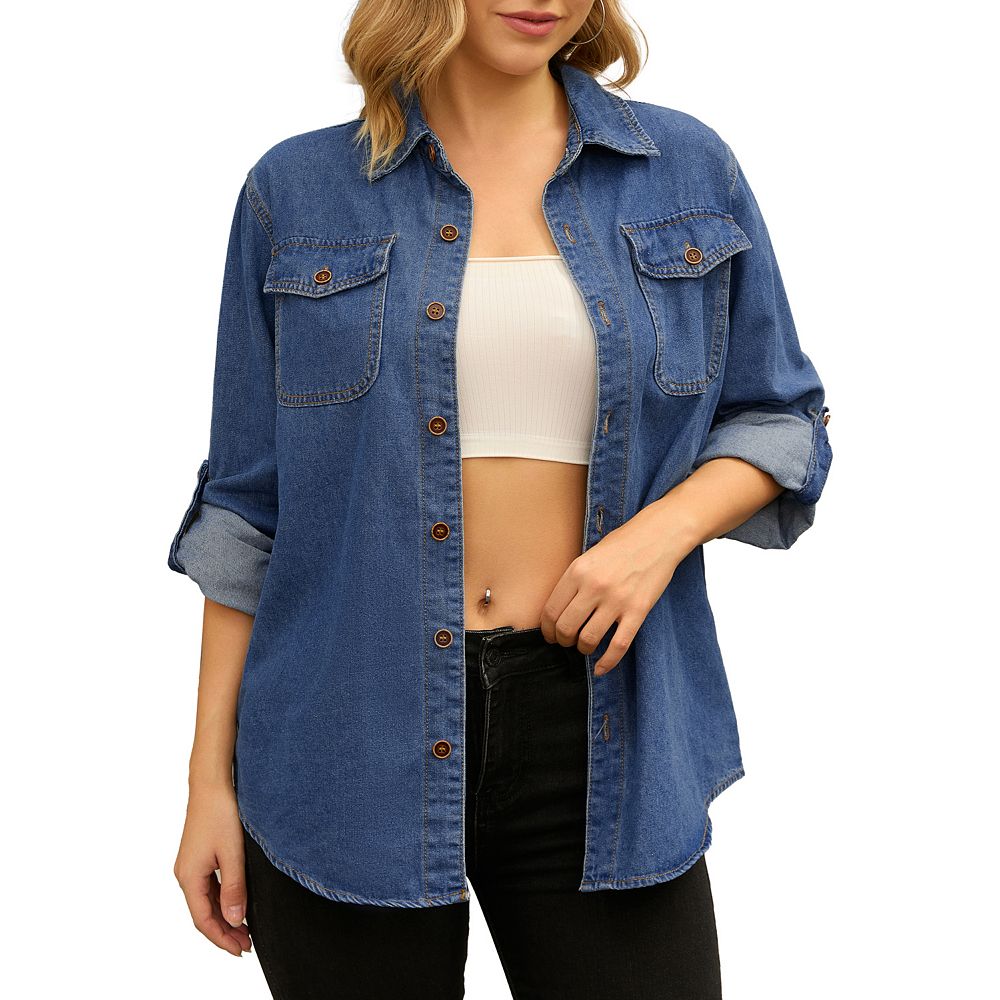 Raw Hem Button Up Long Sleeve Denim Jacket with Sequin Pockets