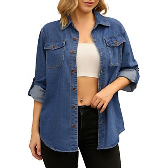 Women's Denim Jackets Long Sleeve Button Down with Pockets Jean Jacket Shirts