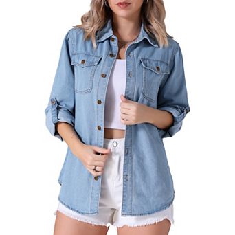 Women's Denim Jackets Long Sleeve Button Down with Pockets Jean Jacket Shirts