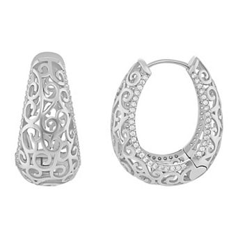 PRIMROSE Silver Tone Cubic Zirconia Filigree Nickel Free Elongated Hoop Earrings