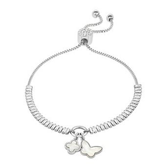 Brilliance Silver Tone Cubic Zirconia Mother Of Pearl Clover And Butterfly Adjustable Charm Bracelet