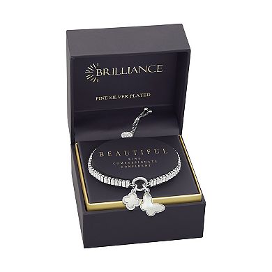 Brilliance Silver Tone Cubic Zirconia Mother Of Pearl Clover And Butterfly Adjustable Charm Bracelet