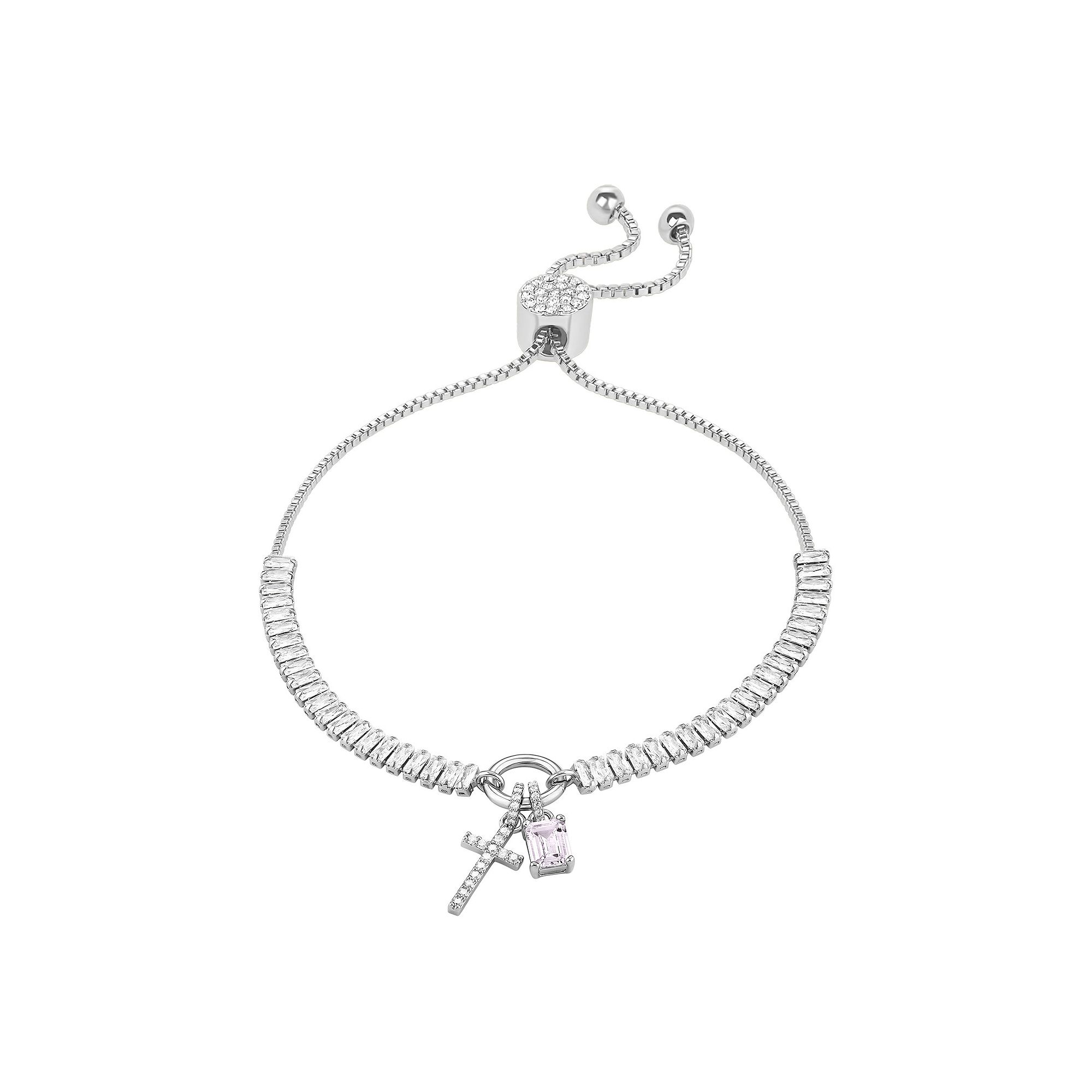 Brilliance Silver Tone Cubic Zirconia Cross Adjustable Charm Bracelet, Wom