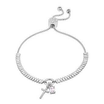 Brilliance Silver Tone Cubic Zirconia Cross Adjustable Charm Bracelet