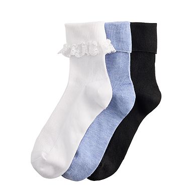 Women's madden girl 3-pk. Lace Trim Turn Cuff Anklet Socks
