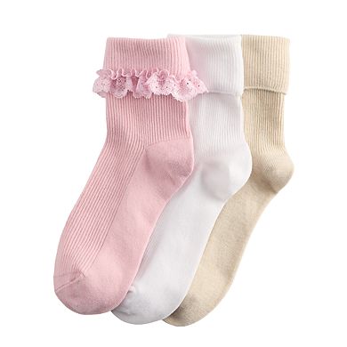 Women's madden girl 3-pk. Lace Trim Turn Cuff Anklet Socks
