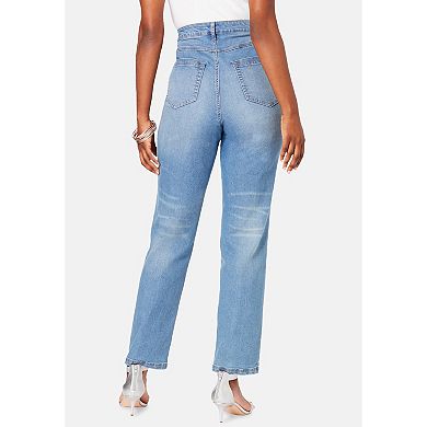 Roaman's Women's Plus Size Floral Embroidered Straight Leg Jean