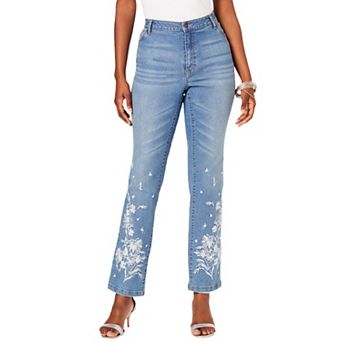 Roaman's Women's Plus Size Plus Size Floral Embroidered Straight Leg Jean