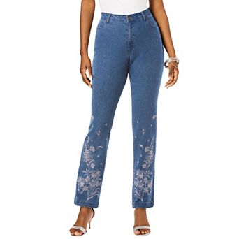 Roaman's Women's Plus Size Plus Size Floral Embroidered Straight Leg Jean