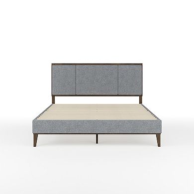 Martha Stewart Wooden Platform Bed with Upholstered Base and Triple Inset Headboard