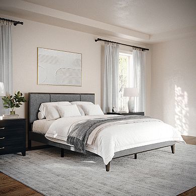 Martha Stewart Wooden Platform Bed with Upholstered Base and Triple Inset Headboard