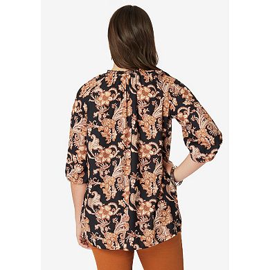 Roaman's Women's Plus Size Ruffle Neck Boho Blouse.