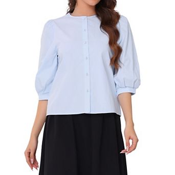 Summer Button Down Cotton Shirt for Women's Puff Sleeve Crew Neck Casual Blouse Top