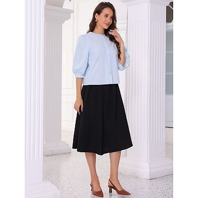 Summer Button Down Cotton Shirt for Women's Puff Sleeve Crew Neck Casual Blouse Top