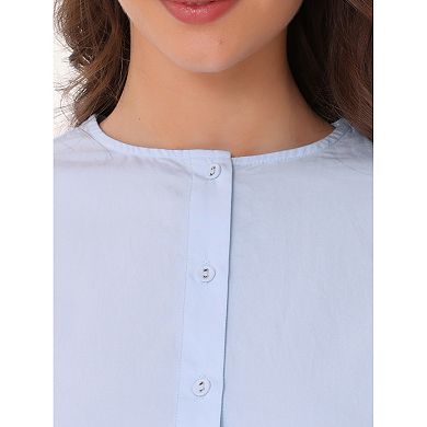Summer Button Down Cotton Shirt for Women's Puff Sleeve Crew Neck Casual Blouse Top
