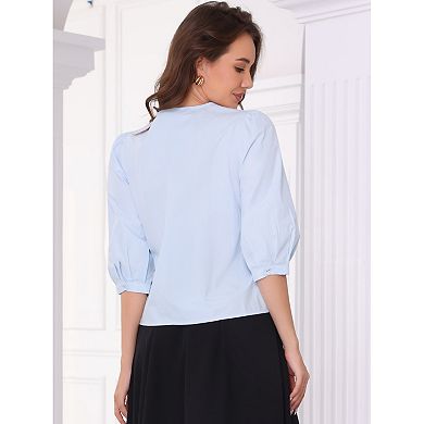 Summer Button Down Cotton Shirt for Women's Puff Sleeve Crew Neck Casual Blouse Top