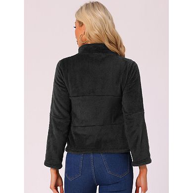 Cropped Fleece Jacket for Women's Stand Collar Zip Up Faux Fur Coat