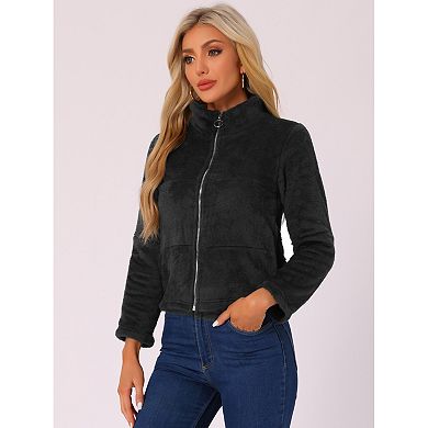 Cropped Fleece Jacket for Women's Stand Collar Zip Up Faux Fur Coat
