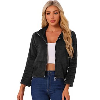 Cropped Fleece Jacket for Women's Stand Collar Zip Up Faux Fur Coat