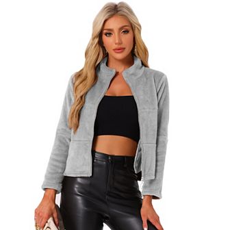 Cropped Fleece Jacket for Women's Stand Collar Zip Up Faux Fur Coat