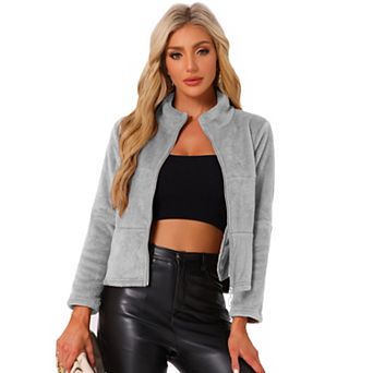Cropped Fleece Jacket for Women's Stand Collar Zip Up Faux Fur Coat