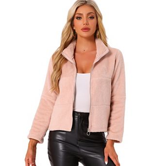 Cropped Fleece Jacket for Women's Stand Collar Zip Up Faux Fur Coat