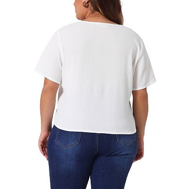 Plus Size Tops for Women V Neck Short Sleeve Button Casual Shirt with Split Hem Summer Blouses