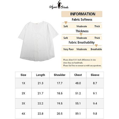 Plus Size Tops for Women V Neck Short Sleeve Button Casual Shirt with Split Hem Summer Blouses