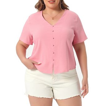 Plus Size Tops for Women V Neck Short Sleeve Button Casual Shirt with Split Hem Summer Blouses