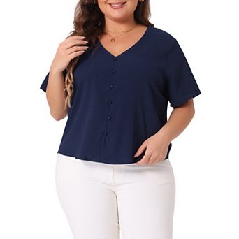 Plus Size Tops for Women V Neck Short Sleeve Button Casual Shirt with Split Hem Summer Blouses