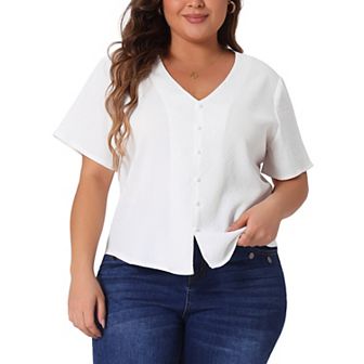 Plus Size Tops for Women V Neck Short Sleeve Button Casual Shirt with Split Hem Summer Blouses