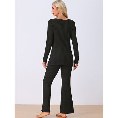 Womens Ribbed Knit Lounge Set Long Sleeves Top and Pants Pajama Sets Two Piece Matching Outfits Set