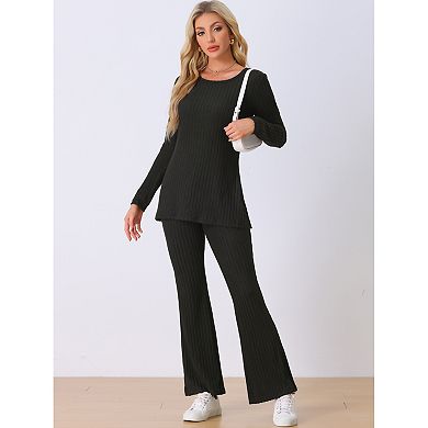 Womens Ribbed Knit Lounge Set Long Sleeves Top and Pants Pajama Sets Two Piece Matching Outfits Set