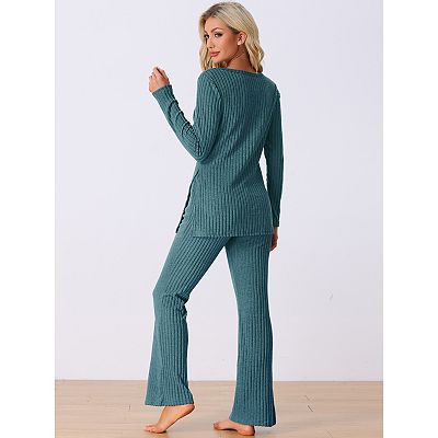 Womens Ribbed Knit Long Sleeves Top and Pants Pajama Sets 2pc