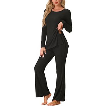 Womens Ribbed Knit Long Sleeves Top and Pants Pajama Sets 2 pc Outfits Set