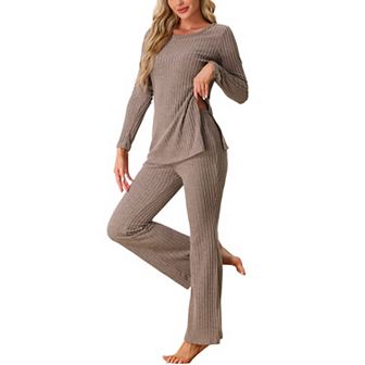 Womens Ribbed Knit Lounge Set Long Sleeves Top and Pants Pajama Sets Two Piece Matching Outfits Set